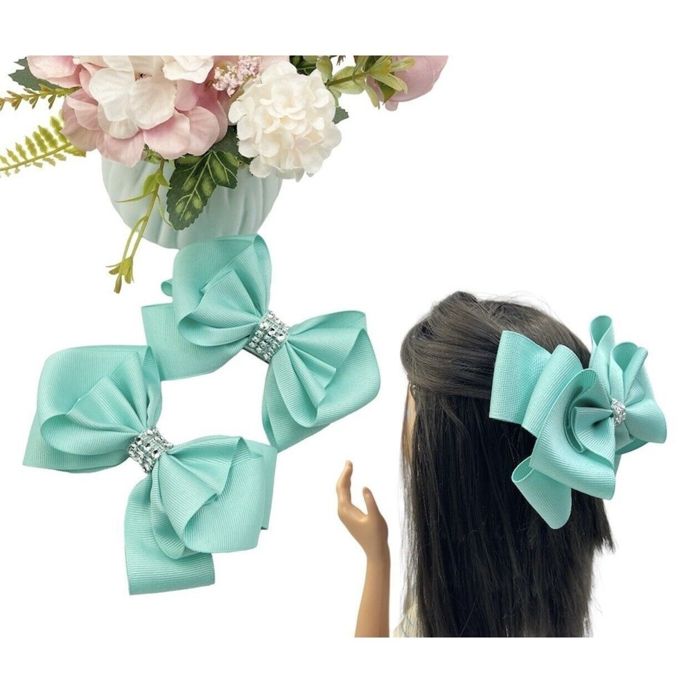 2 Hair Bow Clip Hairpin For Girls Green 5x4 Inch